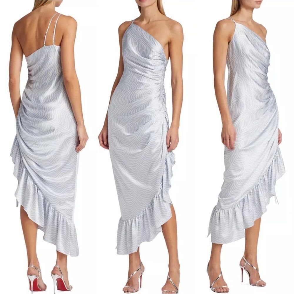 NWT Cinq a Sept Christel Silk Slyfall Blue Ruffled Ruched Dress Size 6 Midi